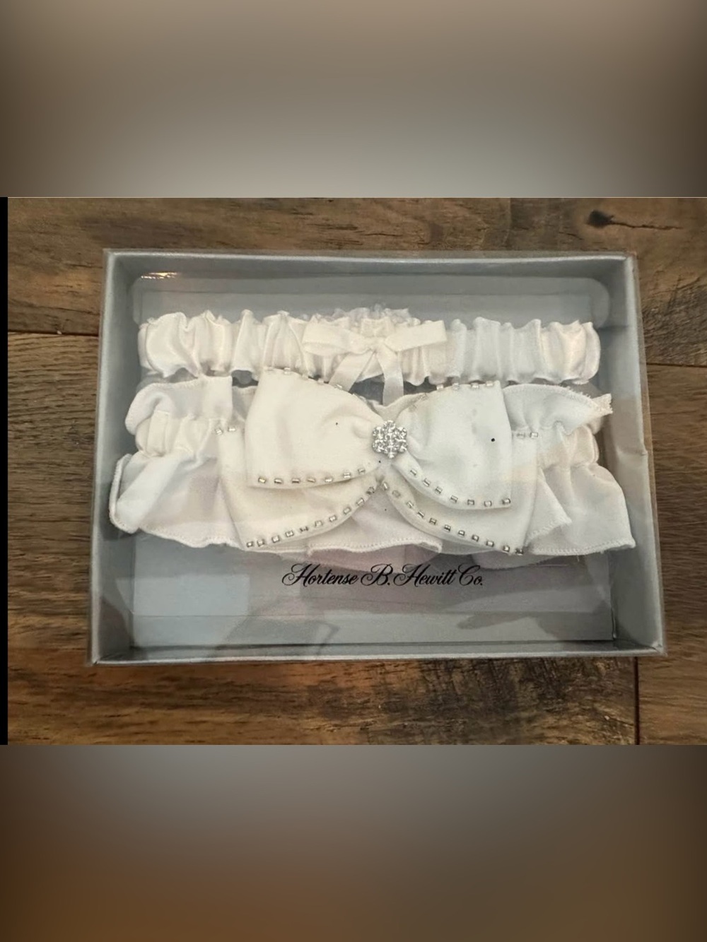 Hortense B. Hewitt Co. White Bridal Garter Set with Rhinestone Bow